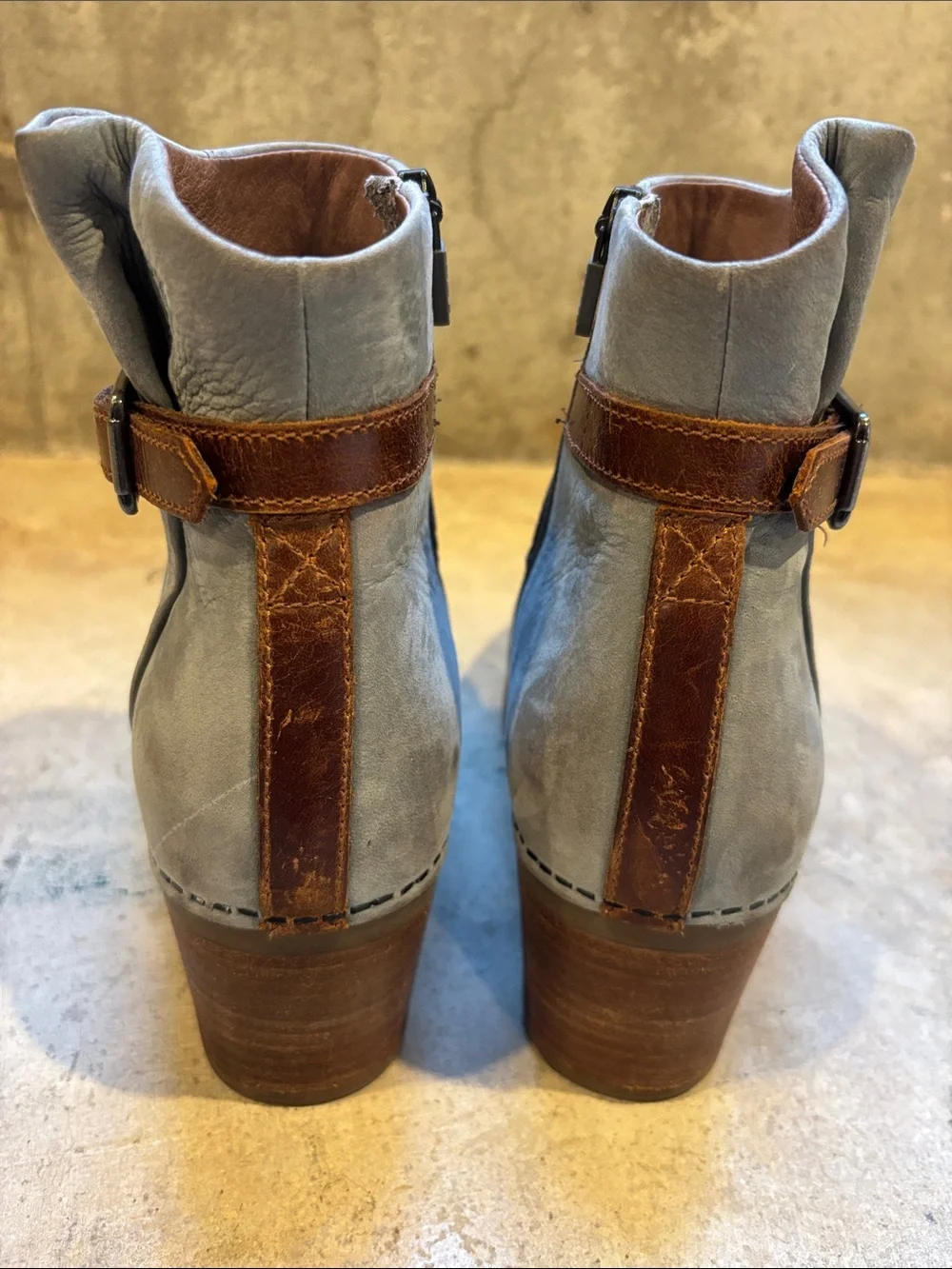 Dansko Gray Leather Ankle Boots with Brown Strap